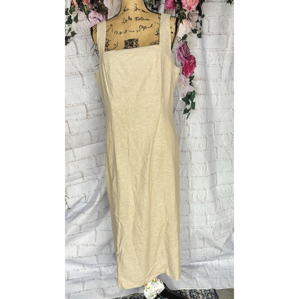 Minimalist Linen Blend Midi Dress Neutral Coastal Quiet Luxury Capsule Large - Picture 2 of 12